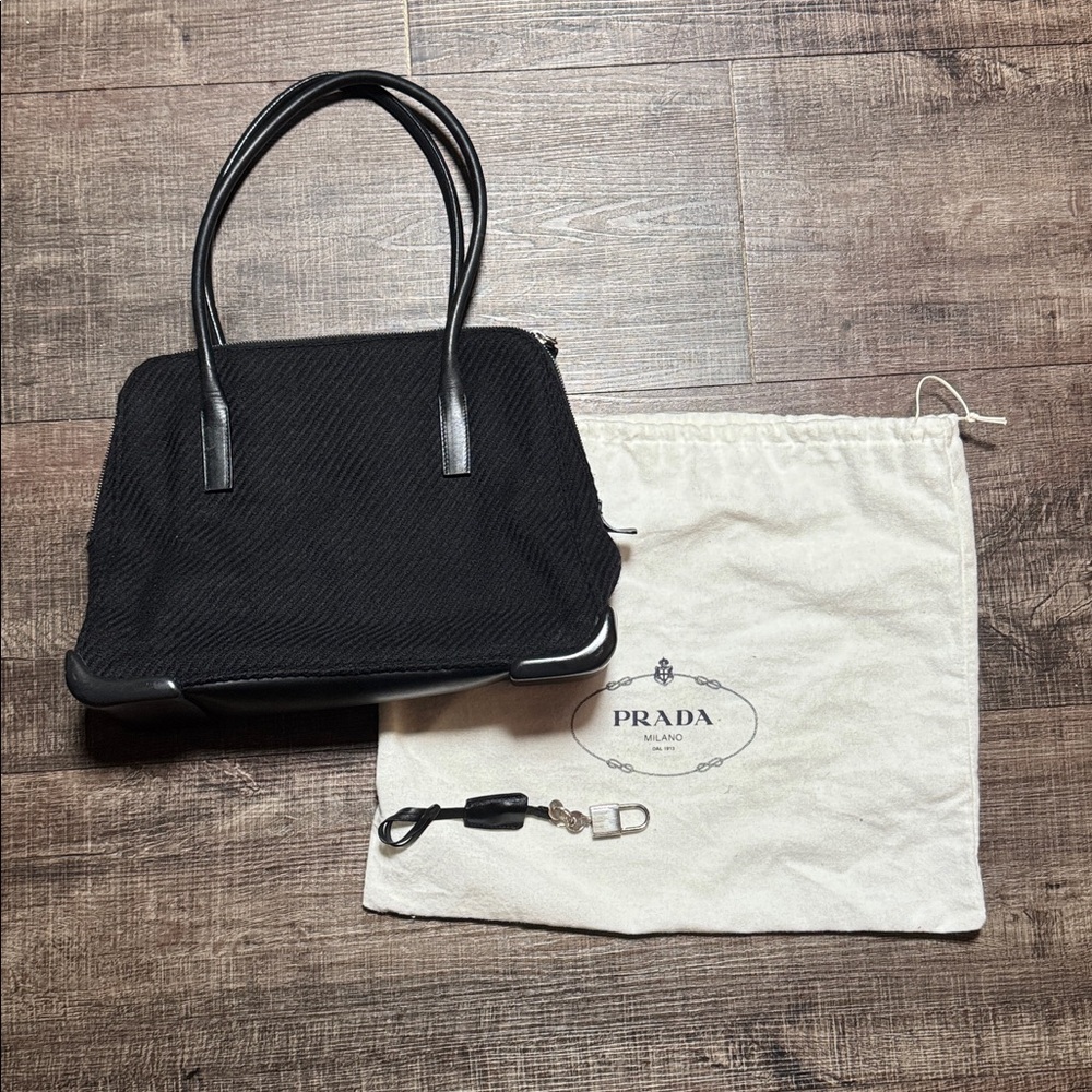 Vintage Prada Black Wool and Calf Leather Tote Bag